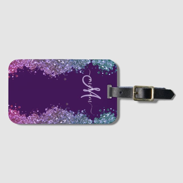 Etiqueta De Bagagem Glitter Modern Monogram Purple Teal Blue Shiny  (Frente Horizontal)