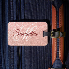 Etiqueta De Bagagem Glitter Monogramado Rosa Dourado Falso Feminino