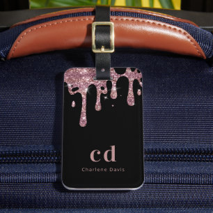 Etiqueta De Bagagem Glitter rosa preto dourado goteja nome do monogram