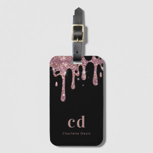 Etiqueta De Bagagem Glitter rosa preto dourado goteja nome do monogram