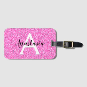 Etiqueta De Bagagem Glitter Rosa Quente Brilhante Brilha Nome do Monog