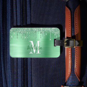 Etiqueta De Bagagem Glitter Verde Monogramado, Grelha Esfregada De Met