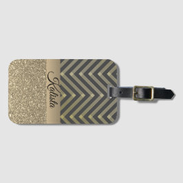 Etiqueta De Bagagem Glittery Dourada e Black Chevron Personalizado