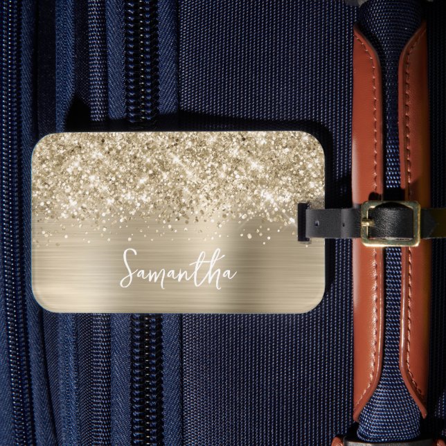 Etiqueta De Bagagem Glittery Pale Gold Glam Name (Frente Insitu 4)