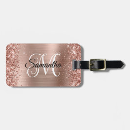 Etiqueta De Bagagem Glittery Rosa Dourado Monograma Enrolado
