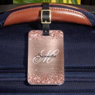 Etiqueta De Bagagem Glittery Rose Gold Foil Fancy Monograma