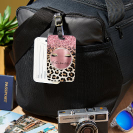 Etiqueta De Bagagem Glitzy Cor de rosa Leve Dourada Eyelashes Leopardo