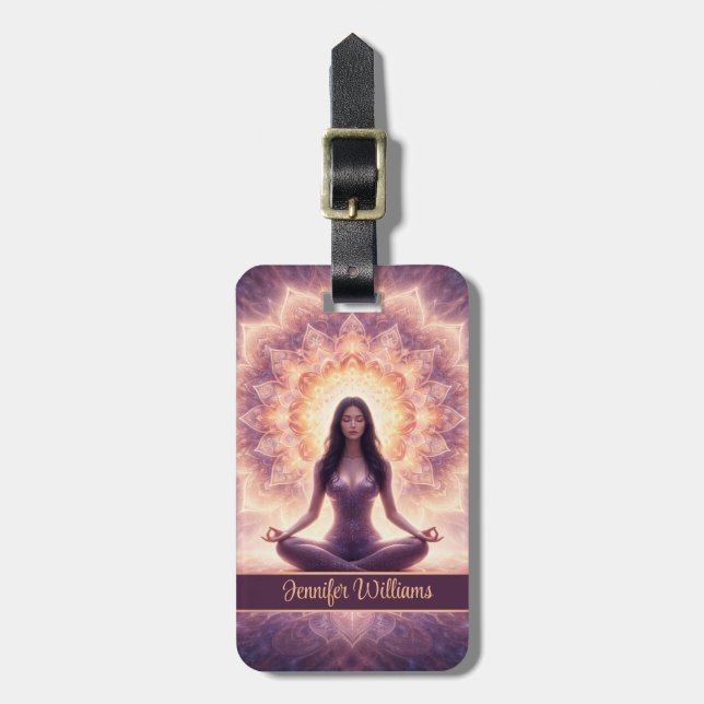 Etiqueta De Bagagem Glowing Mandala Meditation Woman Custom Name       (Frente Vertical)