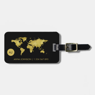 Etiqueta De Bagagem Gold Foil World Earth Map Viagem Monograma Nome