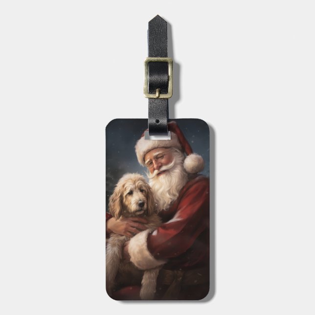 Etiqueta De Bagagem Goldendoodle com Papai Noel Natal Festivo (Frente Vertical)