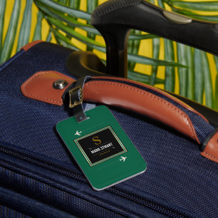 Etiqueta De Bagagem Golf Clubs, nome e inicial em monogramas verdes