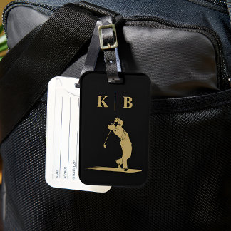 Etiqueta De Bagagem Golfe Personalizado Preto e Dourado do Monograma P