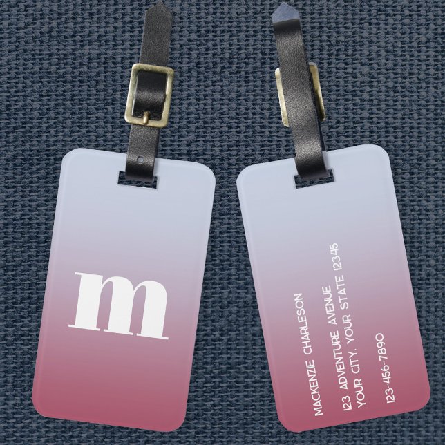 Etiqueta De Bagagem Gradiente Azul Rosa Inicial do Monograma Moderno (Simple modern monogram personalized raspberry pink to pale blue gradient luggage tag)