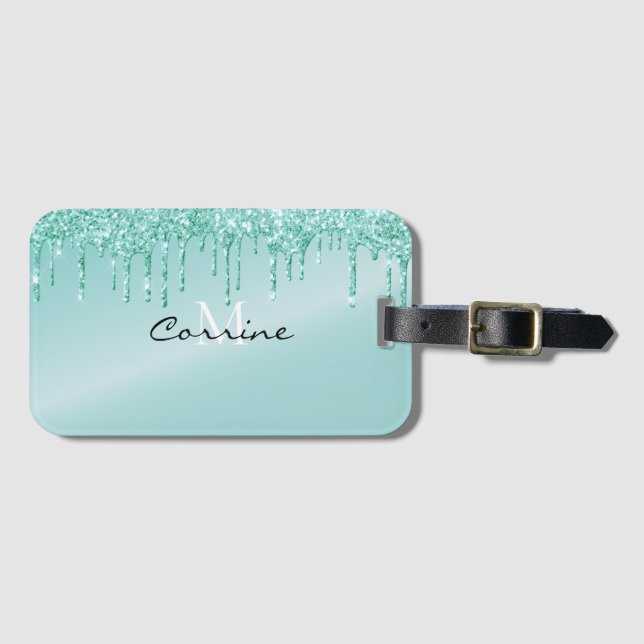 Etiqueta De Bagagem Grelha de Glitter Azul Aqua Metálico Monograma Ica (Frente Horizontal)