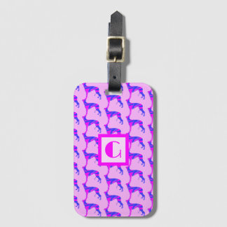 Etiqueta De Bagagem Greyhound / Cachorro-Inverso Rosa e Monograma Azul
