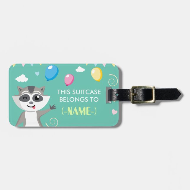 Etiqueta De Bagagem Guaxinim engraçado brincalhão bonito com balões (Frente Horizontal)