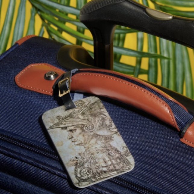 Etiqueta De Bagagem Guerreiro Helmetado de Leonardo (Da Vinci's Warrior luggage tag   single-sided w cardsSlot, weatherproof, leather strap included. )