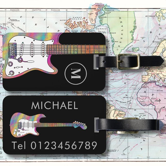 Etiqueta De Bagagem Guitarra Elétrica Funky Psychedelic Personalizada (Colorful electric guitar custom monogram travel tag)