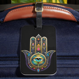 Etiqueta De Bagagem Hamsa Preto Colorido com Terceiro Olho Turquesa