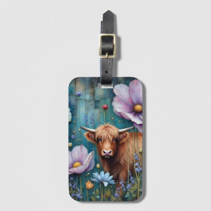 Etiqueta De Bagagem Highland Cow Floral Colorida Cosmos Tapeçaria II