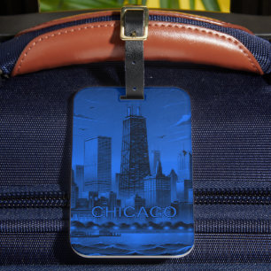 Etiqueta De Bagagem Horizonte de Chicago Moderno Azul Preto
