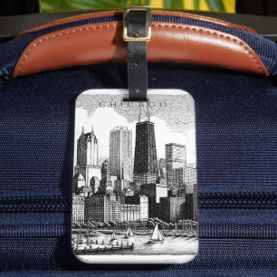 Etiqueta De Bagagem Horizonte de Chicago Moderno Preto Branco