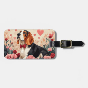 Etiqueta De Bagagem Hound Basset com Rosas - Dia de os namorados