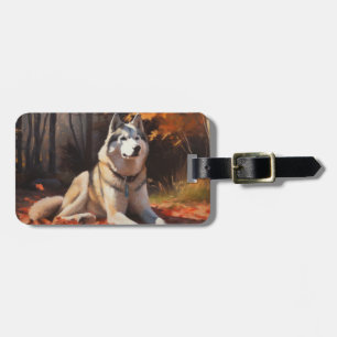 Etiqueta De Bagagem Husky Siberiano na Queda das Folhas de Outono Insp