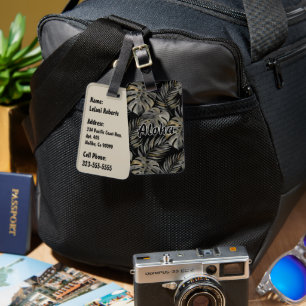 Etiqueta De Bagagem Ilha Moku Aquarela Havaiana Monstera - Preto