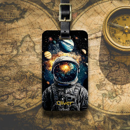 Etiqueta De Bagagem Ilustração Cósmica de Astronauta e Planetas