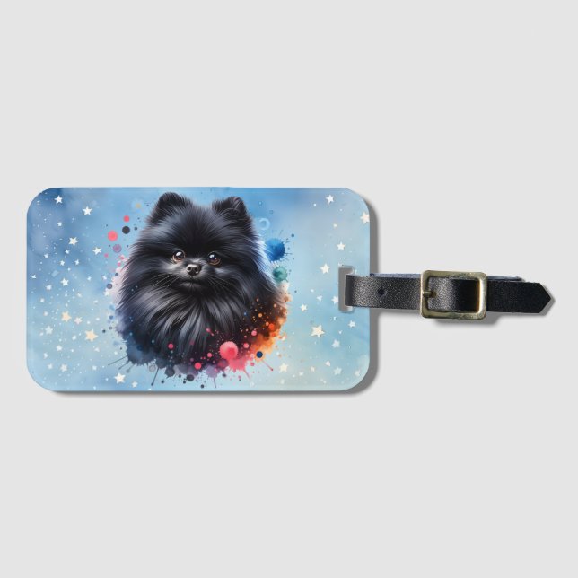 Etiqueta De Bagagem Ilustração de aquarela pomeraniana preta (Frente Horizontal)
