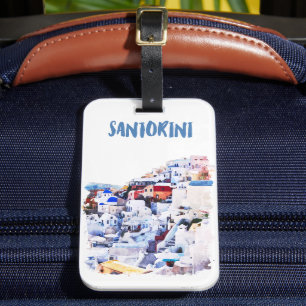 Etiqueta De Bagagem Ilustração de Santorini Grécia Aquarela