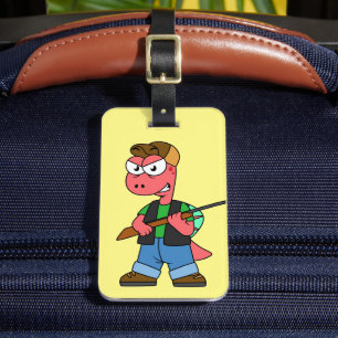 Etiqueta De Bagagem Ilustração De Um Caçador De Espinossauro Com Arma.