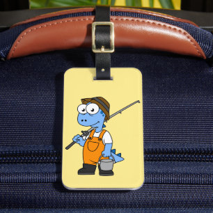 Etiqueta De Bagagem Ilustração De Um Pescador De Allosaurus.