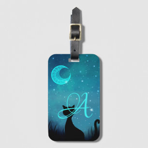 Etiqueta De Bagagem Ilustração do céu estrelado de gato preto monogram
