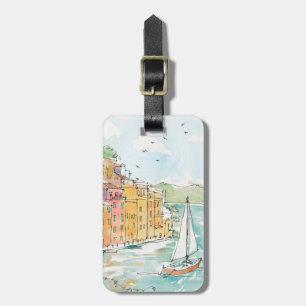 Etiqueta De Bagagem Ilustração do porto de Porofino com veleiro