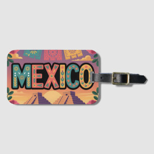 Etiqueta De Bagagem Ilustração Festiva do México com Pirâmides