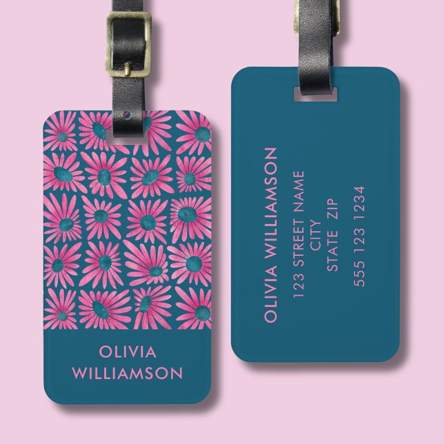 Etiqueta De Bagagem Impressão de bloco floral retro moderna (Modern Pink retro floral daisy block print luggage tag with customizable details.)