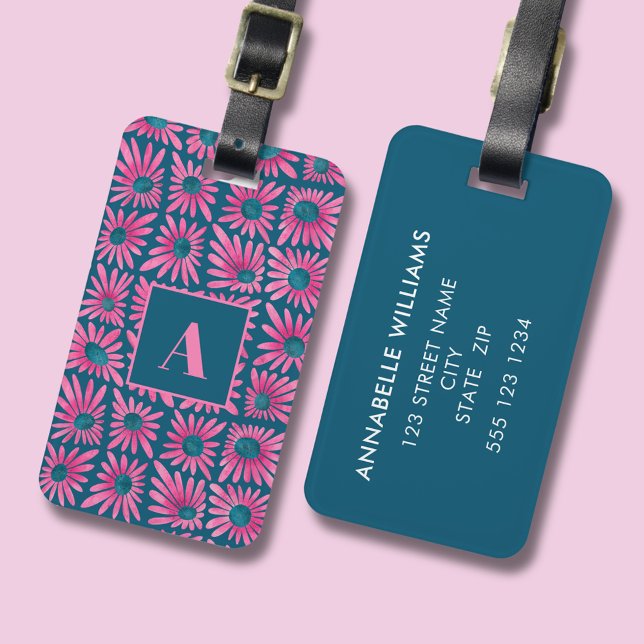 Etiqueta De Bagagem Impressão de bloco floral retrô moderno (Modern retro floral luggage tag with pink daisy block print pattern. Add own details to the back.)