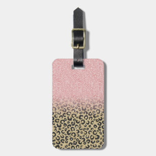 Etiqueta De Bagagem Impressão de Leopardo Preto Glitter Dourado Elega