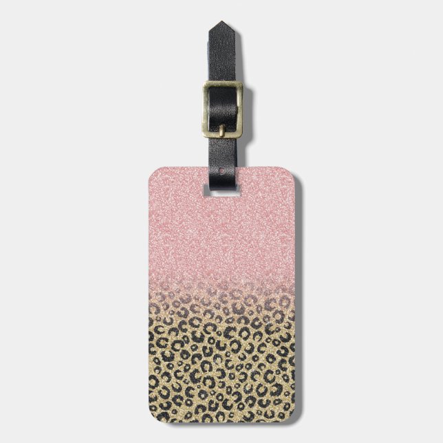 Etiqueta De Bagagem Impressão de Leopardo Preto Glitter Dourado Elegan (Frente Vertical)