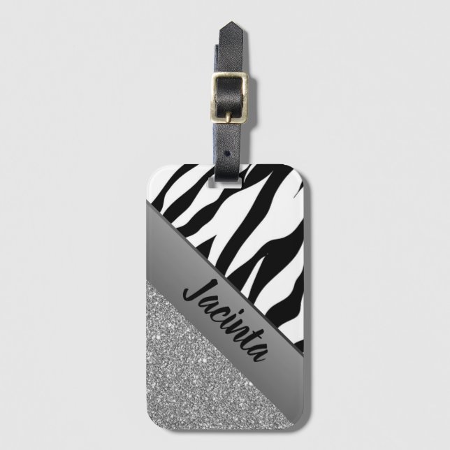 Etiqueta De Bagagem Impressão de Zebra com Glitter Silver Personalizad (Frente Vertical)