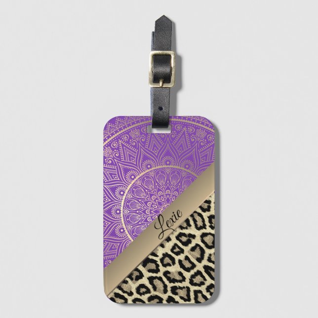 Etiqueta De Bagagem Impressão Dourada Mandala Leopard Personalizada (Frente Vertical)
