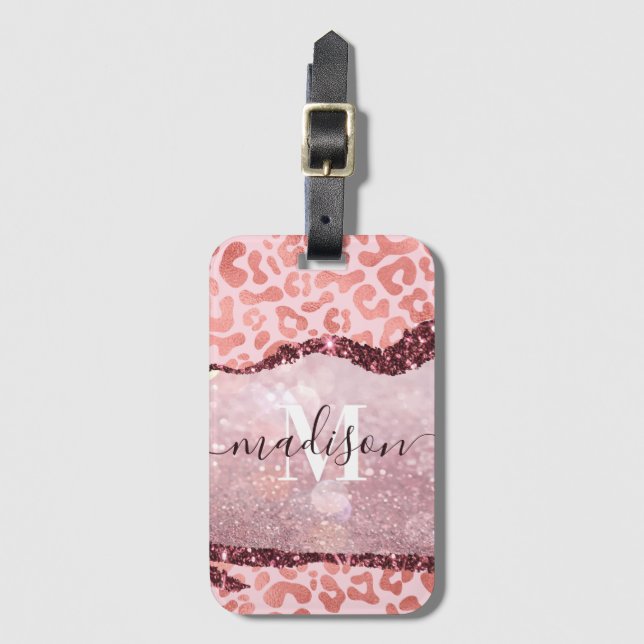 Etiqueta De Bagagem Impressão Leopardo rosa Dourada (Frente Vertical)