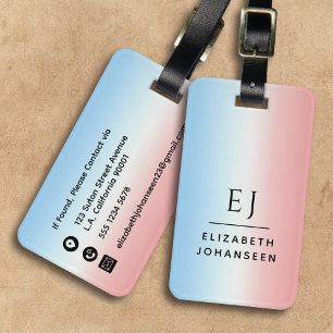 Etiqueta De Bagagem Iniciais Modernos Gradiente Branco Cor-de-Rosa Azu