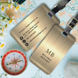 Etiqueta De Bagagem Iniciais Monogramadas em Metal Brilhante Dourado E