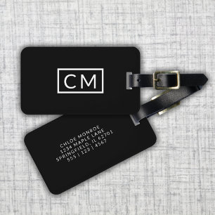 Etiqueta De Bagagem Iniciais Simples de Monograma Moderno Preto e Bran