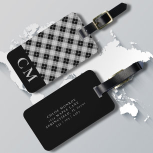 Etiqueta De Bagagem Iniciais Simples, Monogramas, Xadrez Preta