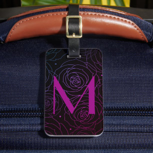 Etiqueta De Bagagem Inicial de Monograma Flor de Rosa Escura Magenta R