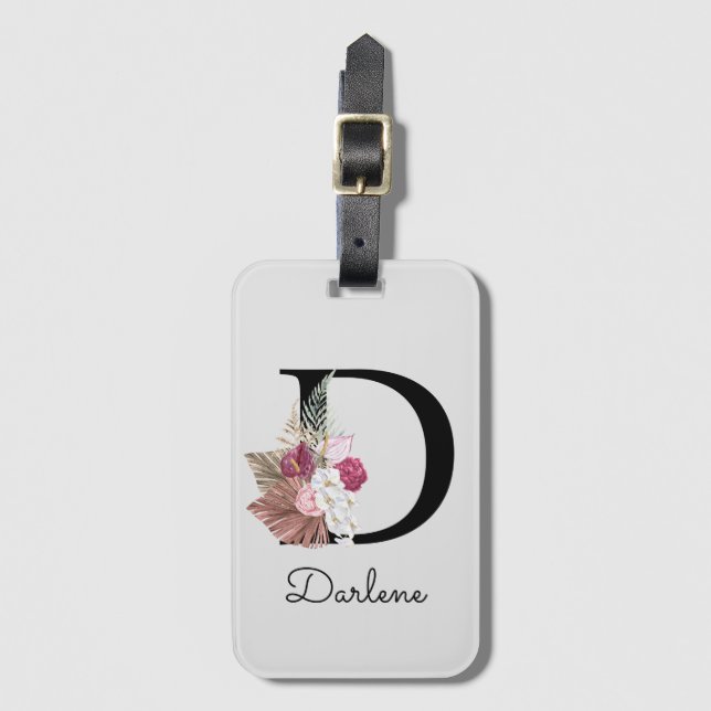 Etiqueta De Bagagem Inicial Floral Boho Rosa Monogramada D (Frente Vertical)